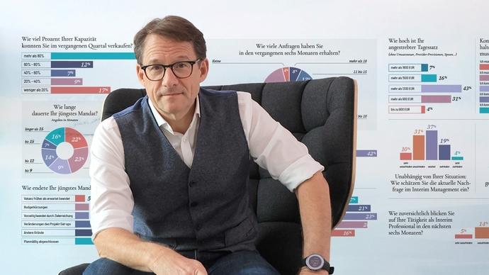 Tilo Ferrari auf einem Sessel. Im Hintergrund Ergebnisse des di-Trendbarometers an eine Wand projiziert.