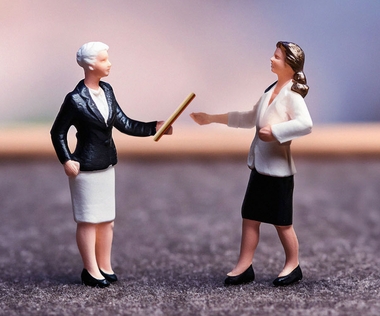 Eine Unternehmensinhaberin übergibt den Staffelstab an ihre Nachfolge.