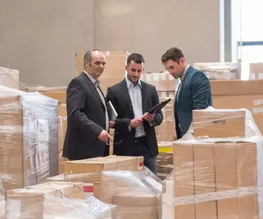 Interim Vertriebsmanagement: Das Bild zeigt Vertriebsmanager zwischen Paketen in einem Versandlager.