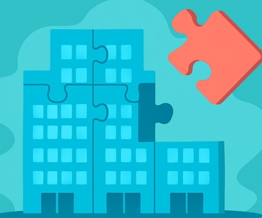 Carve-out: Das Bild zeigt ein Puzzle in Form eines Bürogebäudes, bei dem ein Puzzleteil entfernt wird.