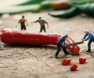 Versorgungssicherheit in Lieferketten schaffen: Das Bild zeigt Figuren, die eine Chili zersägen.
