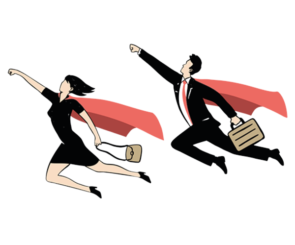 Helden im Mandat: Die Grafik zeigt zwei Superhelden mit Aktentasche und Cape, die zu ihrem nächsten Mandat fliegen.