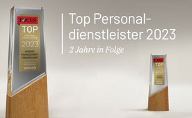 Die Grafik zeigt das Focus-Siegel "Top-Personaldienstleister 2023"