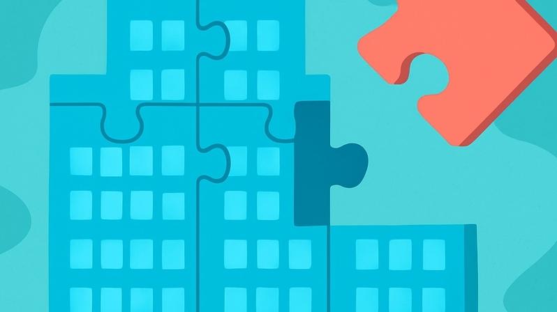 Carve-out: Das Bild zeigt ein Puzzle in Form eines Bürogebäudes, bei dem ein Puzzleteil entfernt wird.