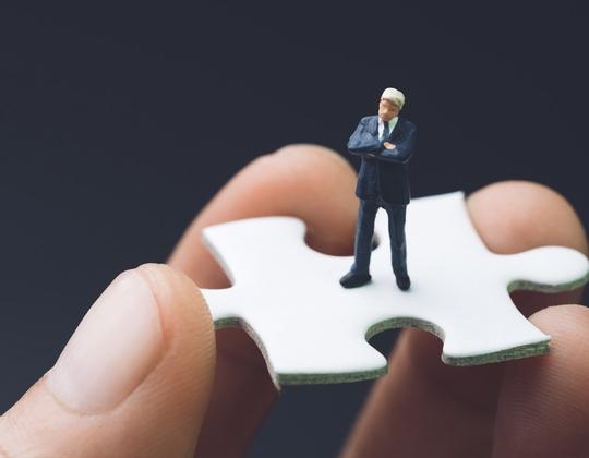 Das Bild zeigt einen Interim Manager auf einem Puzzleteil.