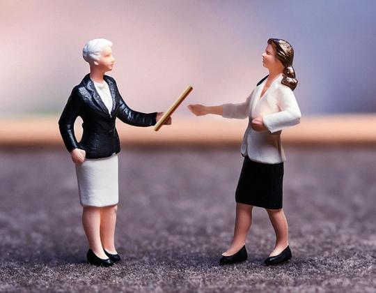 Eine Unternehmensinhaberin übergibt den Staffelstab an ihre Nachfolgerin.