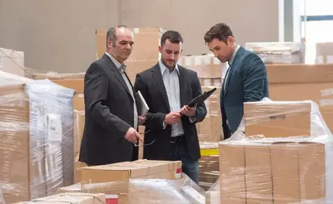 Interim Vertriebsmanagement: Das Bild zeigt Vertriebsmanager zwischen Paketen in einem Versandlager.